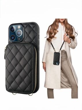 Quilted Crossbody Phone Case with Zipper Pocket - Black